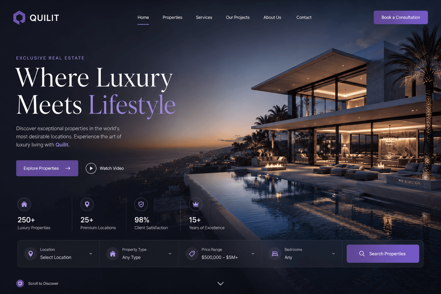 Luxury real estate website homepage with a property search panel