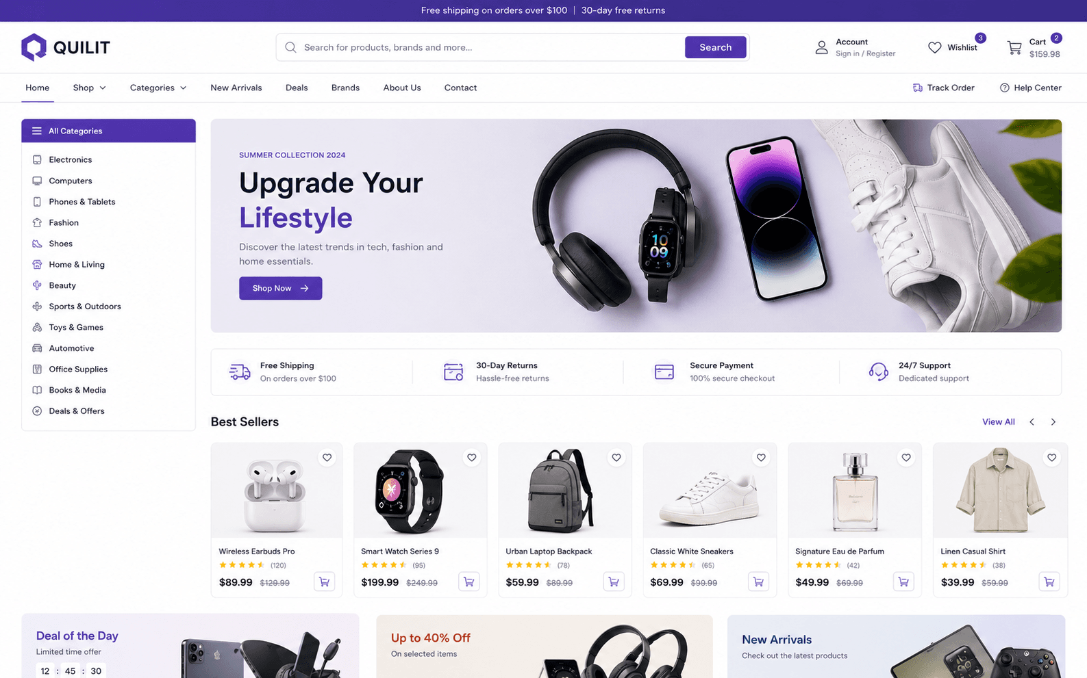 Online storefront with category navigation, promotional banner and best-selling products