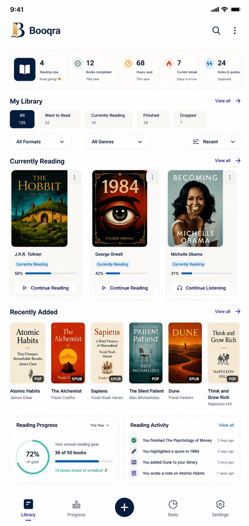 Booqra reading app library screen showing reading stats, current books and annual reading progress
